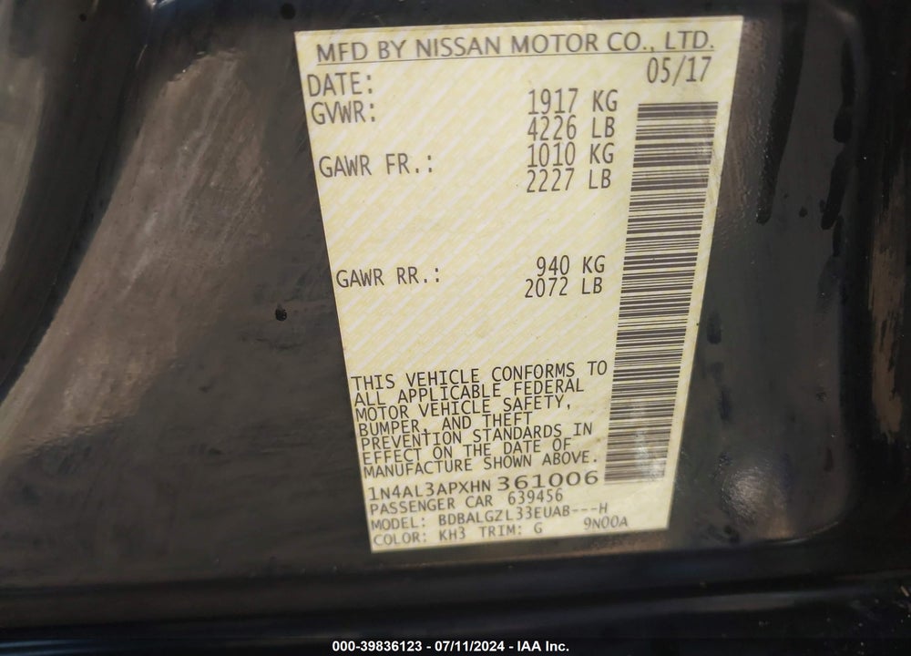 2017 NISSAN ALTIMA 2.5 S VIN: 1N4AL3APXHN361006
