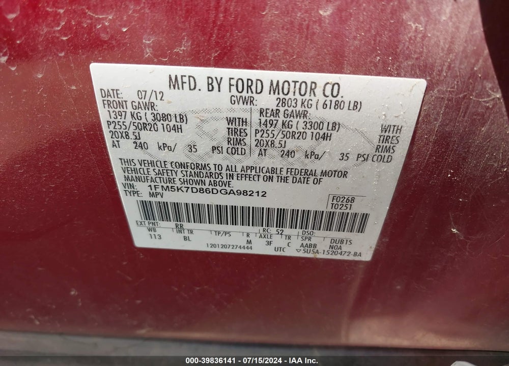 2013 FORD EXPLORER XLT VIN: 1FM5K7D86DGA98212