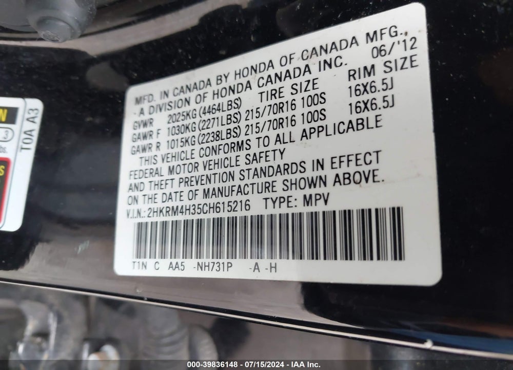 2012 HONDA CR-V LX VIN: 2HKRM4H35CH615216