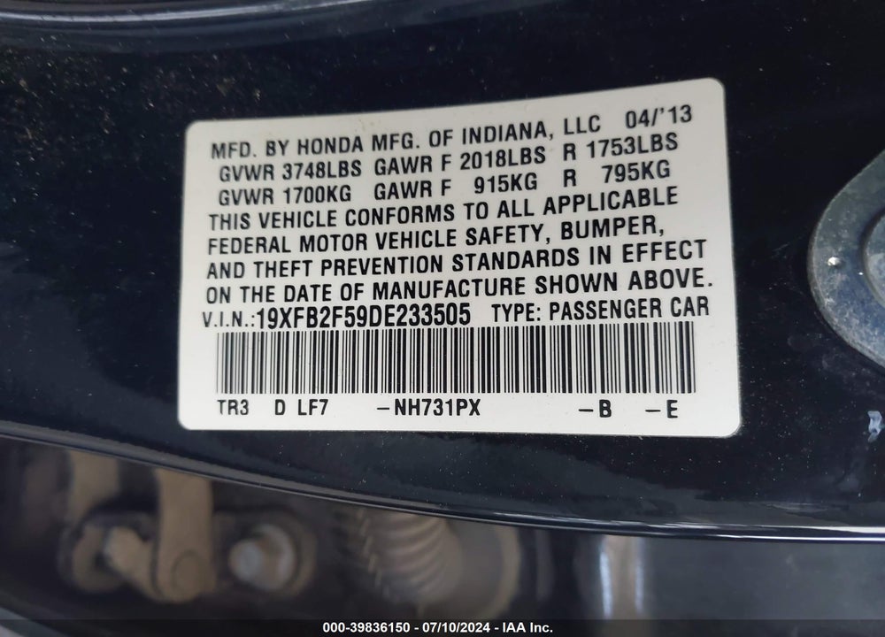 2013 HONDA CIVIC LX VIN: 19XFB2F59DE233505