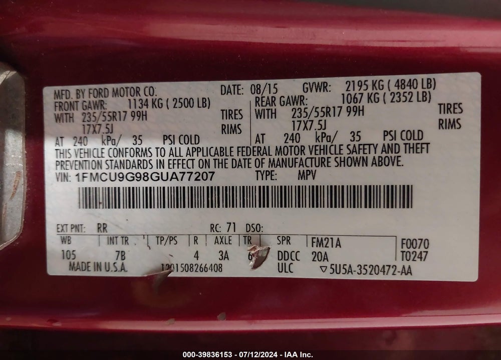 2016 FORD ESCAPE SE VIN: 1FMCU9G98GUA77207