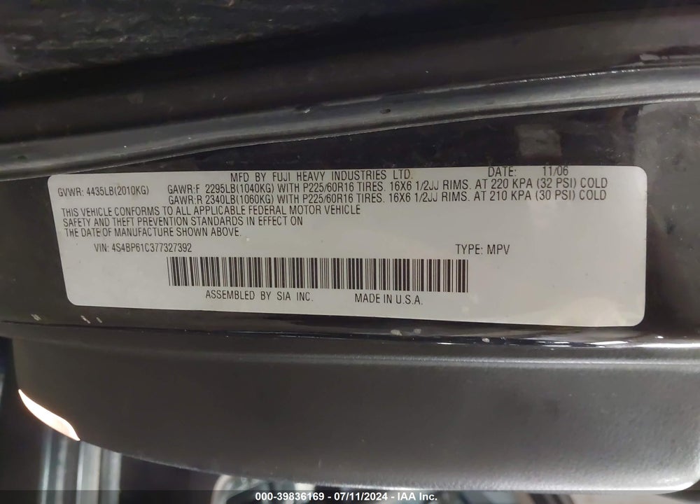 2007 SUBARU OUTBACK 2.5I BASIC VIN: 4S4BP61C377327392