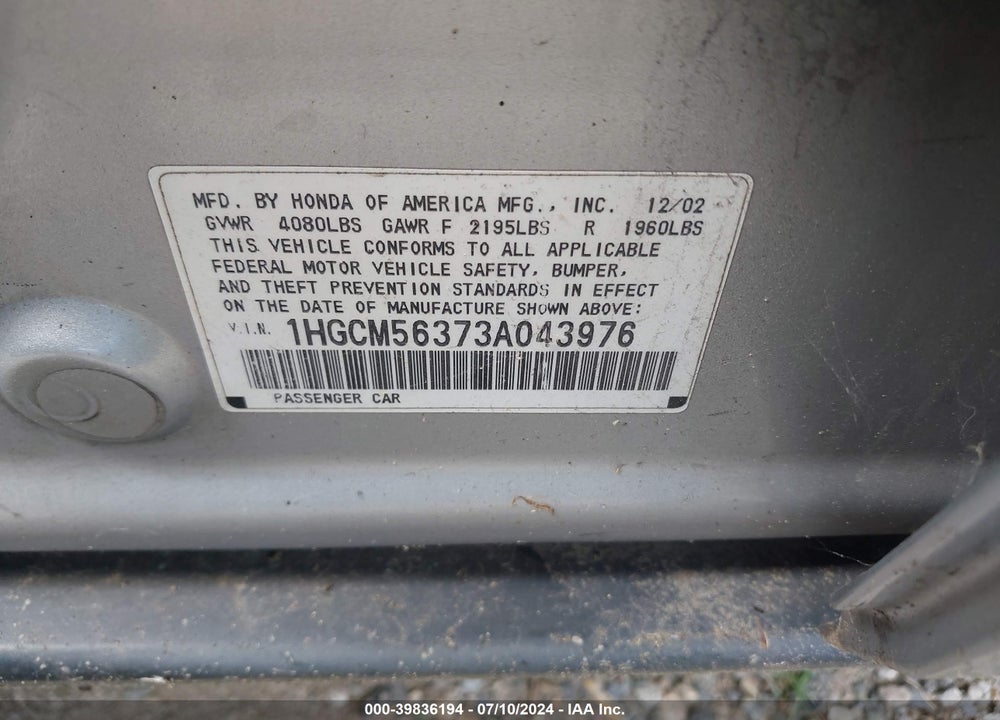 2003 HONDA ACCORD 2.4 LX VIN: 1HGCM56373A043976