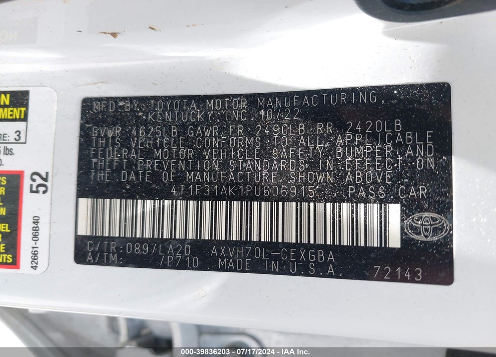 2023 TOYOTA CAMRY XLE HYBRID VIN: 4T1F31AK1PU606915
