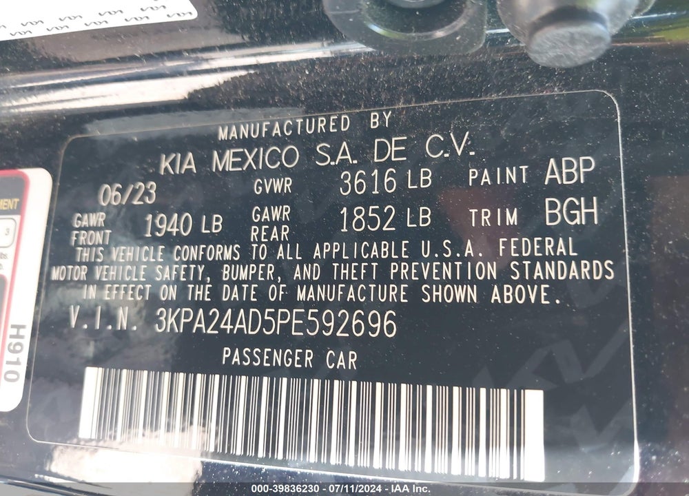 2023 KIA RIO S VIN: 3KPA24AD5PE592696
