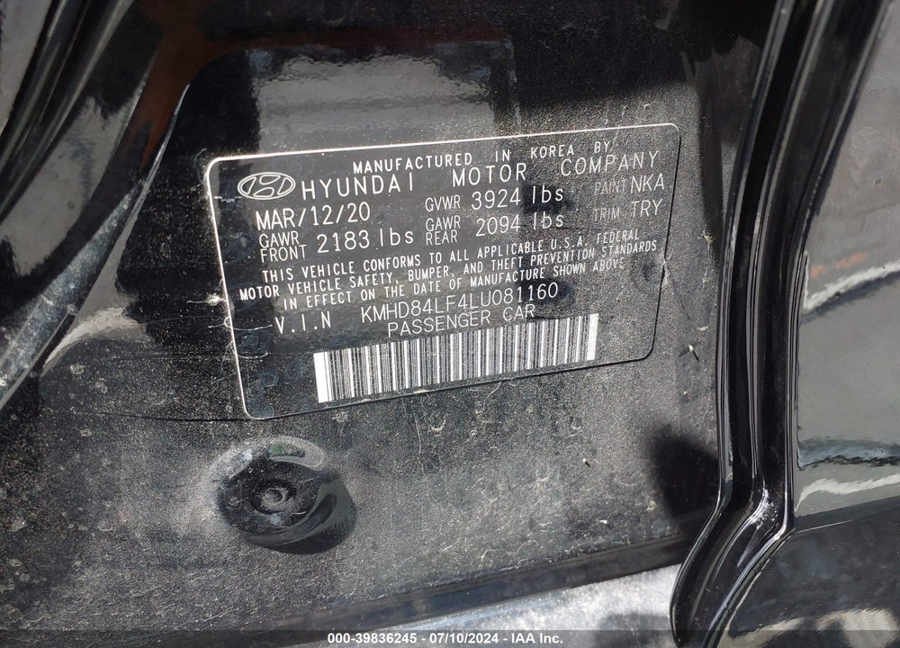 2020 HYUNDAI ELANTRA SEL VIN: KMHD84LF4LU081160