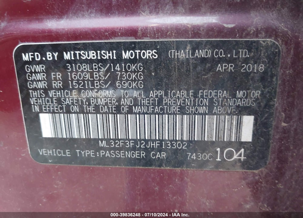 2018 MITSUBISHI MIRAGE G4 ES VIN: ML32F3FJ2JHF13302