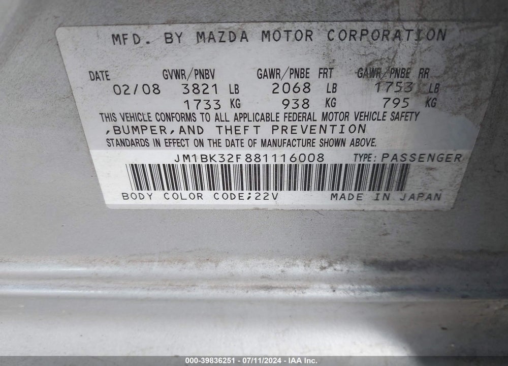 2008 MAZDA 3 I TOURING VALUE VIN: JM1BK32F881116008