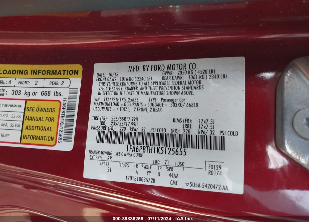 2019 FORD MUSTANG ECOBOOST VIN: 1FA6P8TH1K5125655