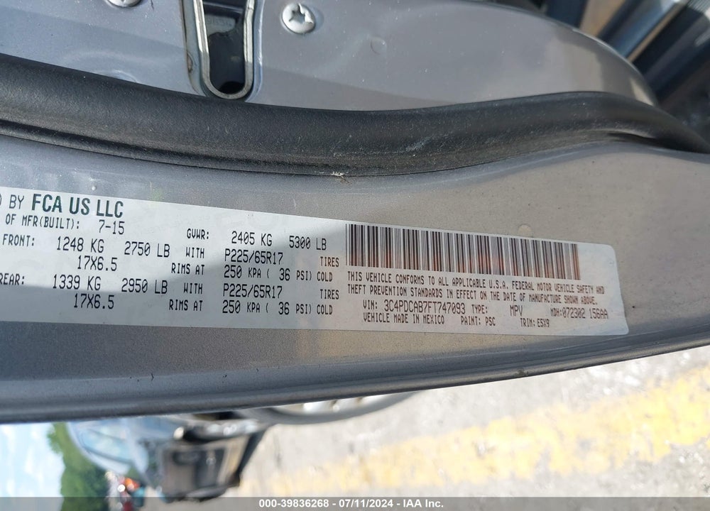 2015 DODGE JOURNEY AMERICAN VALUE PKG VIN: 3C4PDCAB7FT747093
