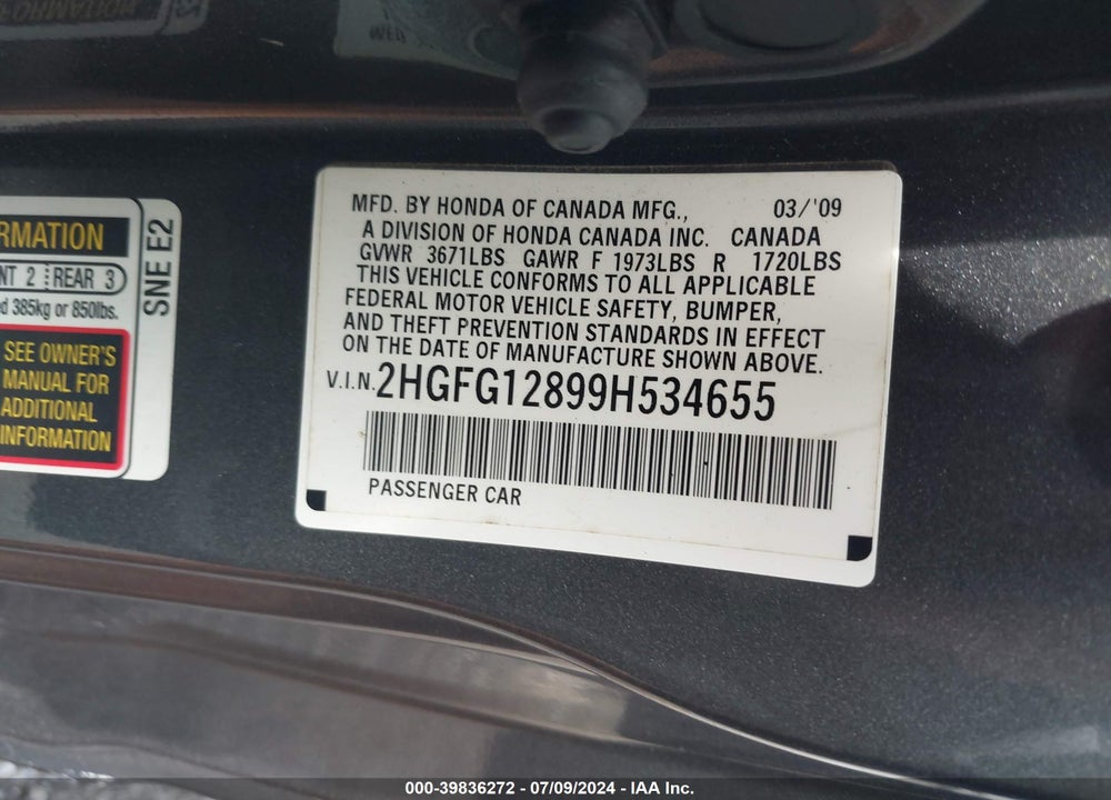 2009 HONDA CIVIC EX VIN: 2HGFG12899H534655