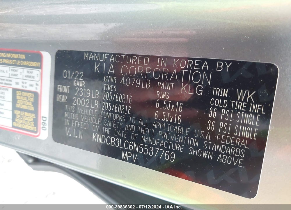 2022 KIA NIRO LX VIN: KNDCB3LC6N5537769
