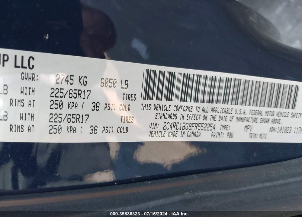 2015 CHRYSLER TOWN & COUNTRY TOURING VIN: 2C4RC1BG9FR552254