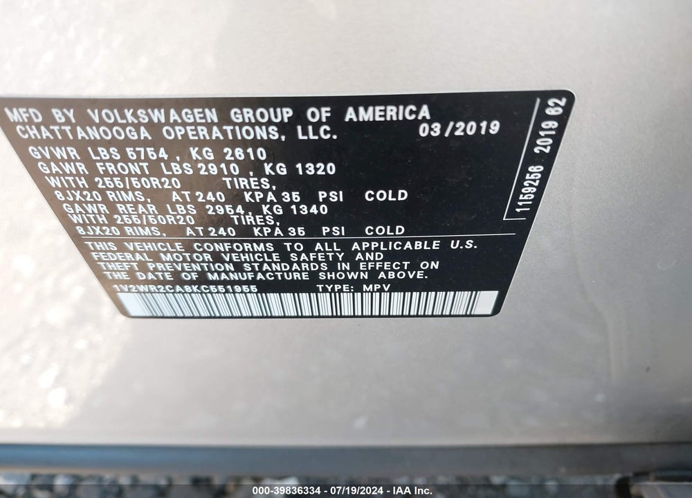 2019 VOLKSWAGEN ATLAS 3.6L V6 SE W/TECHNOLOGY VIN: 1V2WR2CA8KC551955