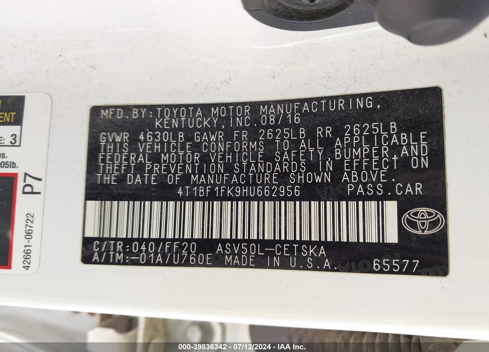 2017 TOYOTA CAMRY SE VIN: 4T1BF1FK9HU662956
