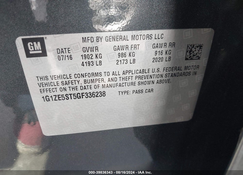 2016 CHEVROLET MALIBU 1LT VIN: 1G1ZE5ST5GF336238