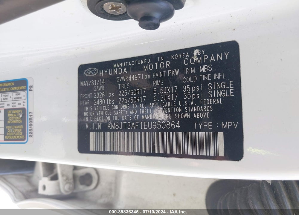 2014 HYUNDAI TUCSON GLS VIN: KM8JT3AF1EU950864