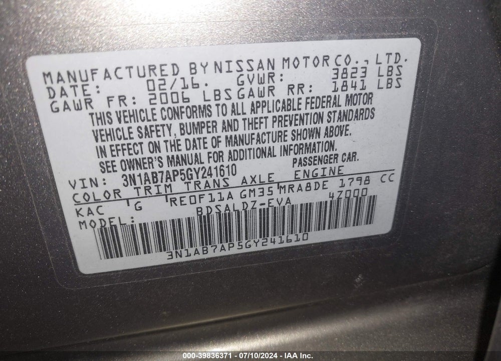 2016 NISSAN SENTRA FE+ S/S/SL/SR/SV VIN: 3N1AB7AP5GY241610