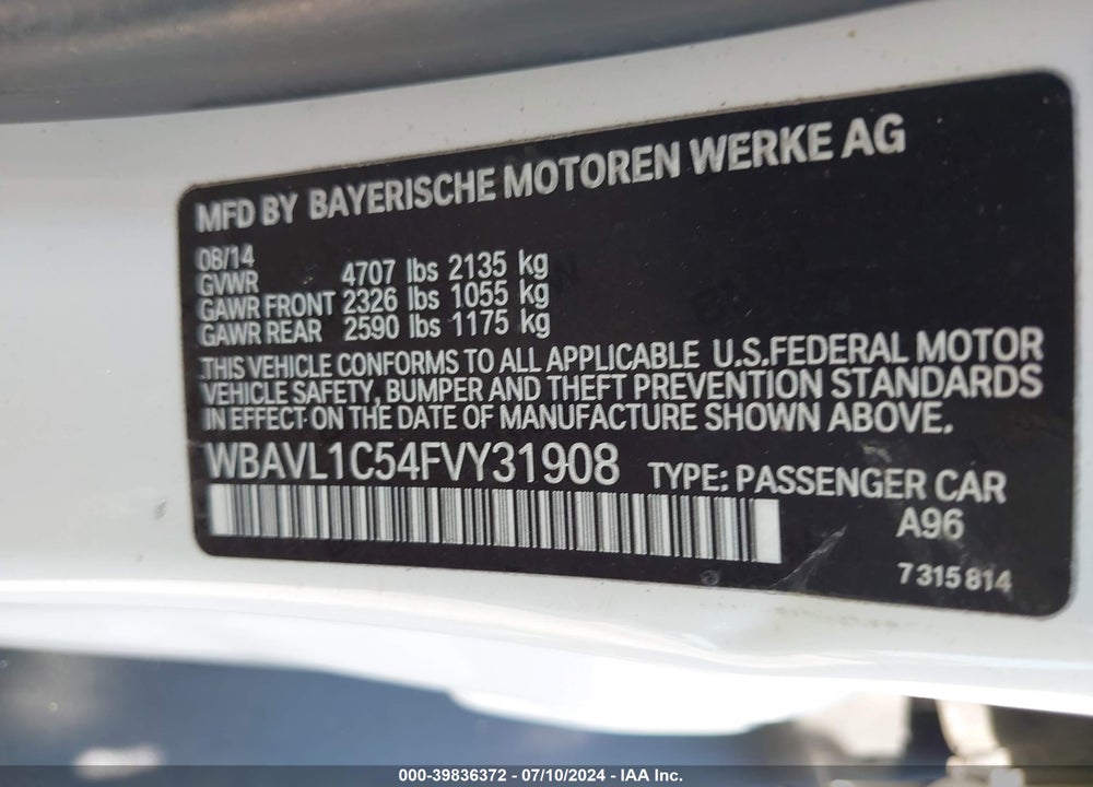 2015 BMW X1 XDRIVE28I VIN: WBAVL1C54FVY31908
