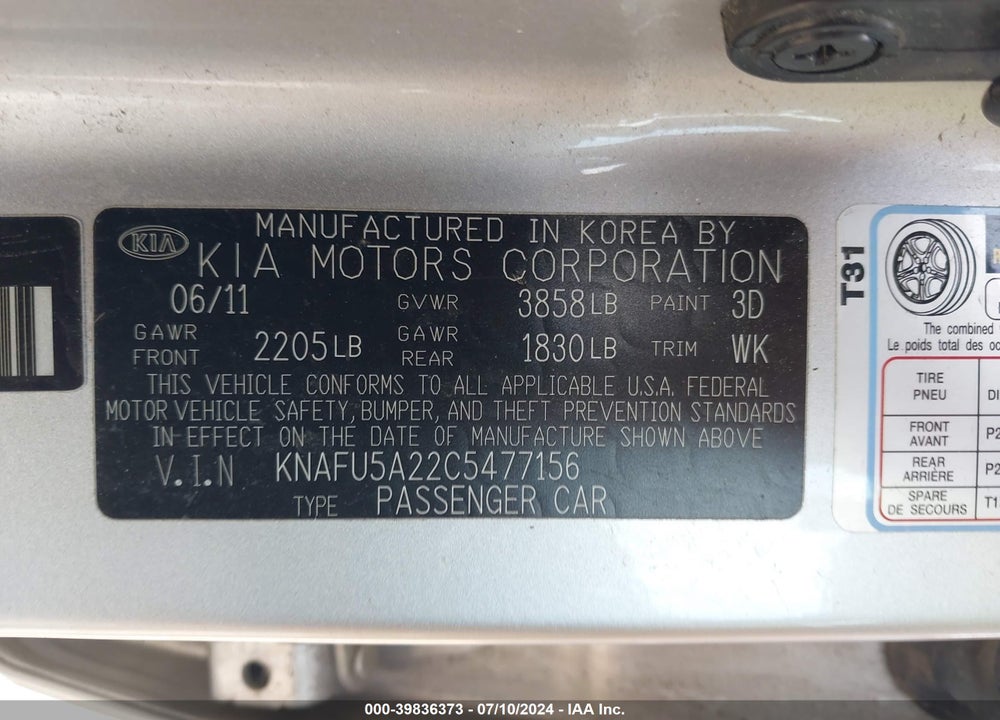 2012 KIA FORTE VIN: KNAFU5A22C5477156