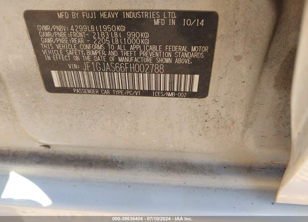 2015 SUBARU IMPREZA 2.0I LIMITED VIN: JF1GJAS66FH002788