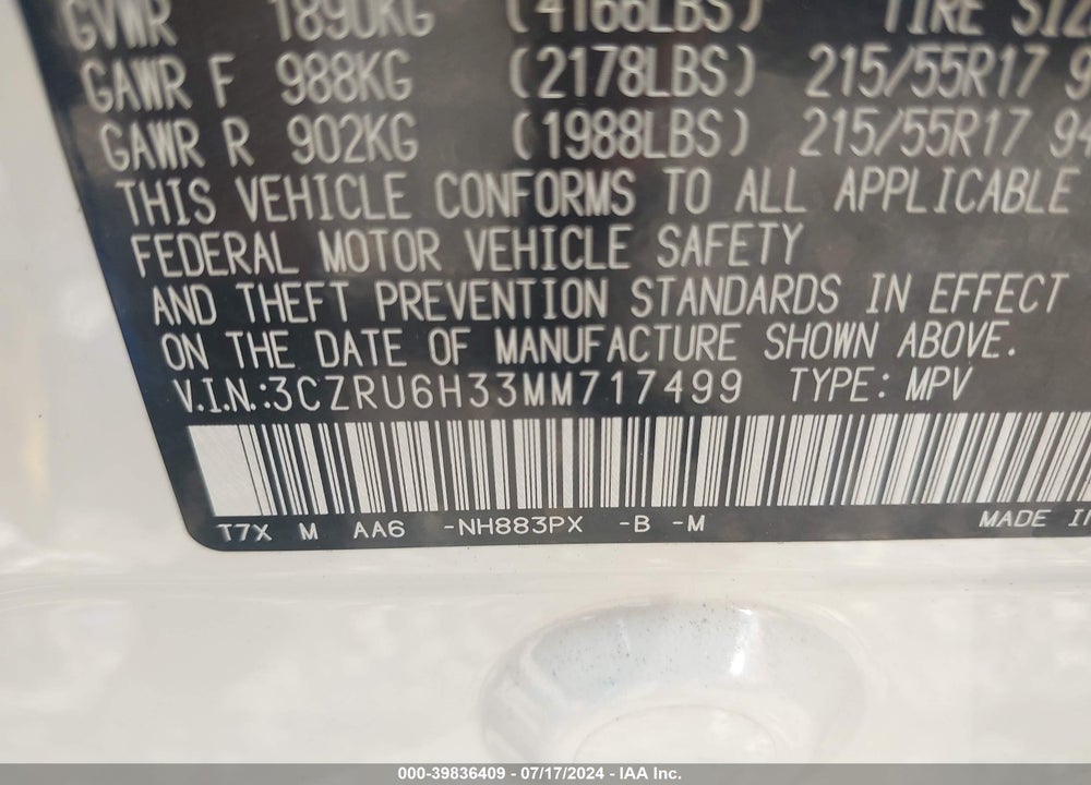 2021 HONDA HR-V AWD LX VIN: 3CZRU6H33MM717499