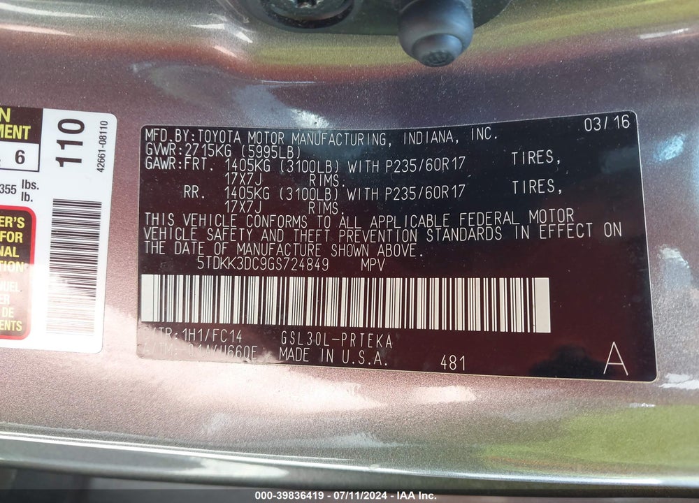 2016 TOYOTA SIENNA LE 8 PASSENGER VIN: 5TDKK3DC9GS724849