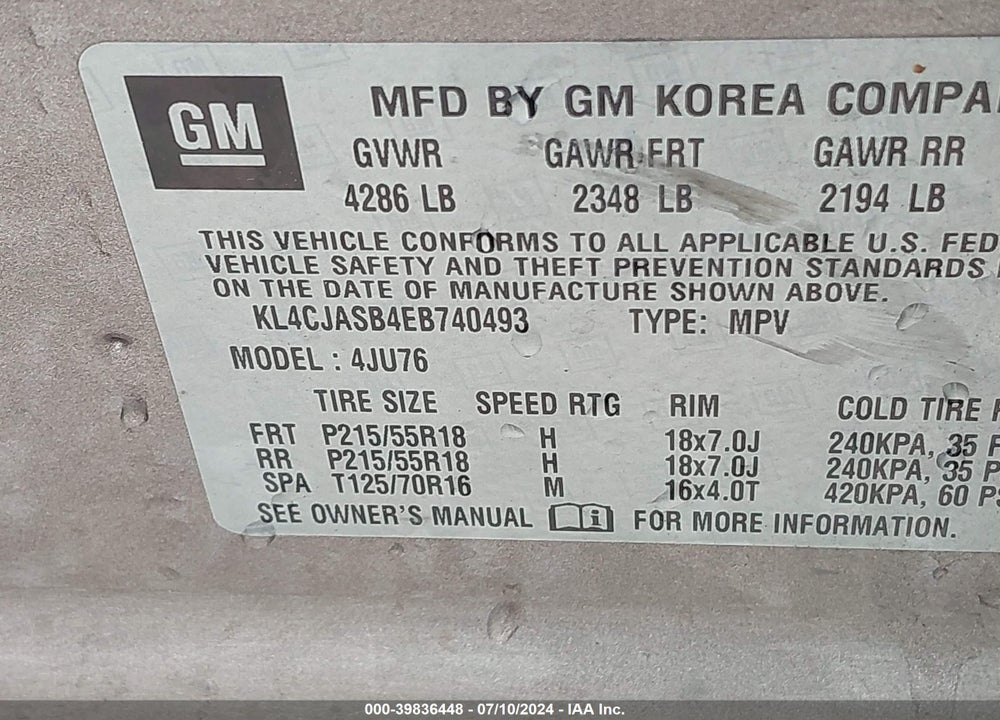 2014 BUICK ENCORE VIN: KL4CJASB4EB740493
