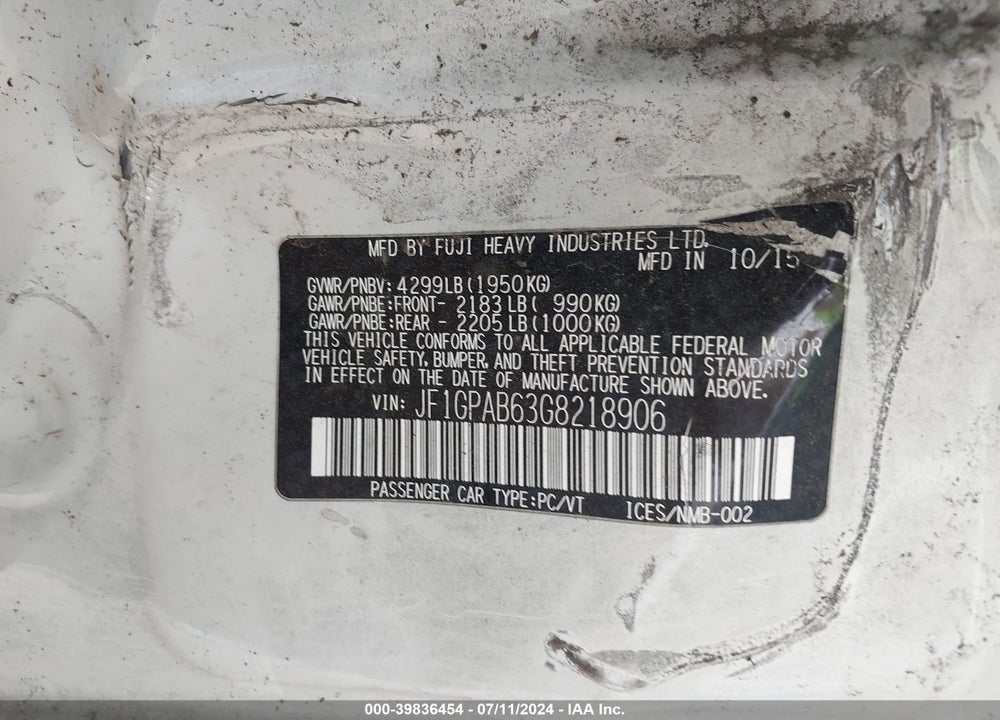 2016 SUBARU IMPREZA 2.0I PREMIUM VIN: JF1GPAB63G8218906