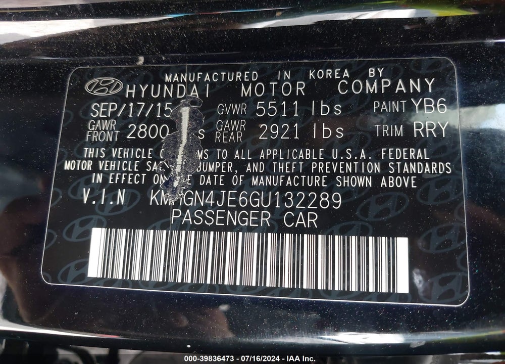 2016 HYUNDAI GENESIS 3.8 VIN: KMHGN4JE6GU132289