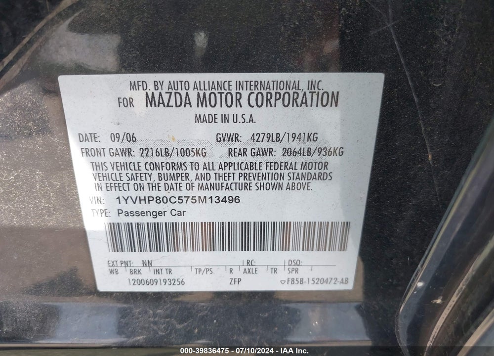 2007 MAZDA 6 I SPORT VE VIN: 1YVHP80C575M13496
