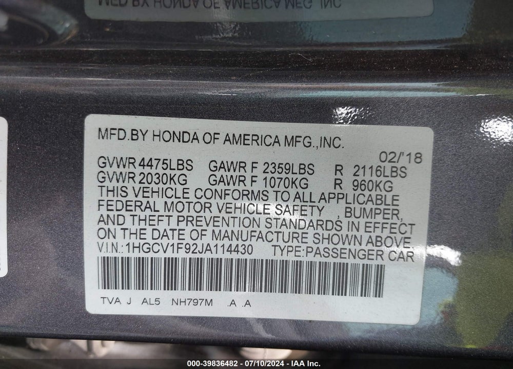 2018 HONDA ACCORD TOURING VIN: 1HGCV1F92JA114430