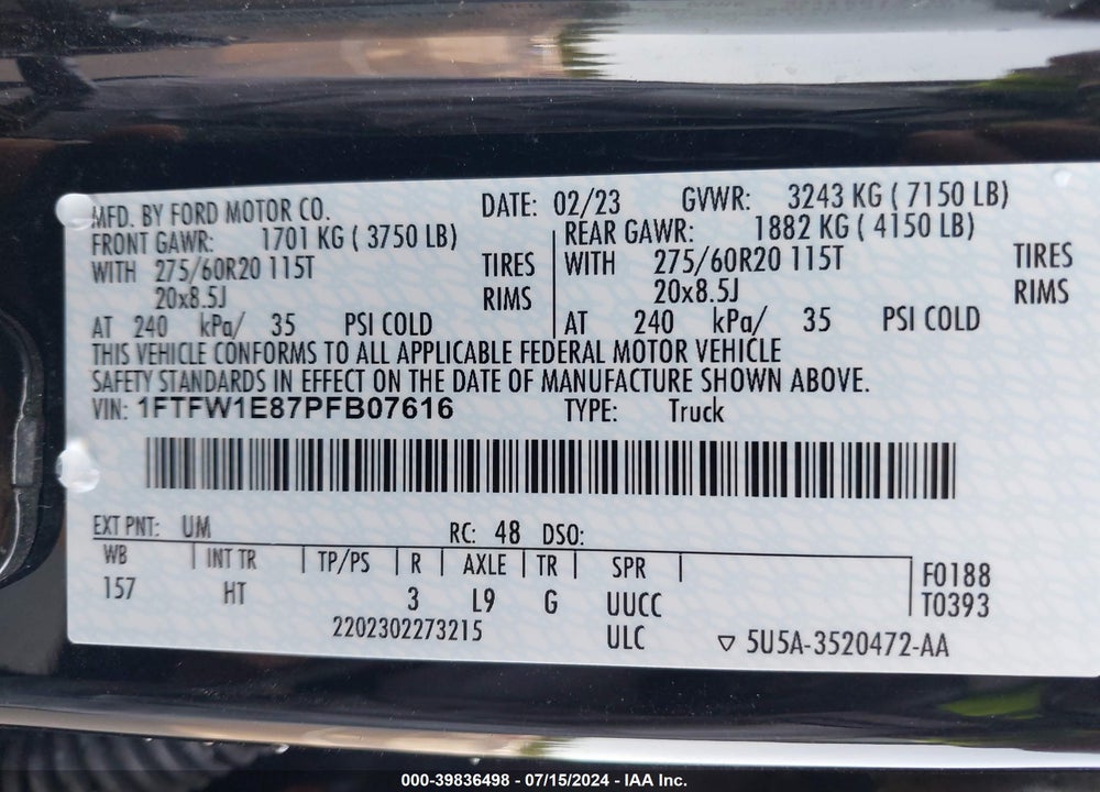 2023 FORD F-150 LARIAT VIN: 1FTFW1E87PFB07616