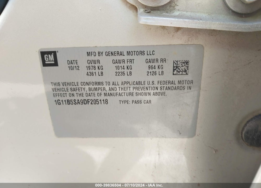 2013 CHEVROLET MALIBU 1LS VIN: 1G11B5SA9DF205118