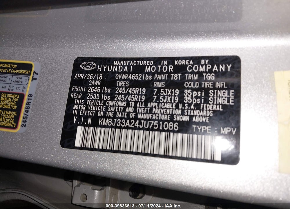 2018 HYUNDAI TUCSON VALUE VIN: KM8J33A24JU751086