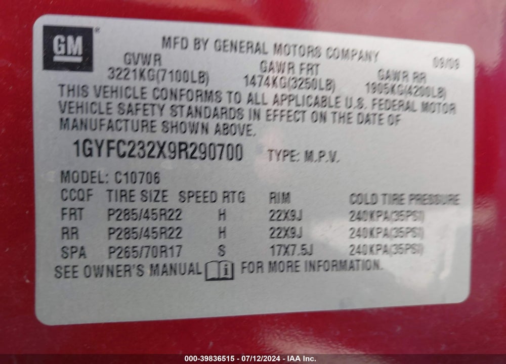 2009 CADILLAC ESCALADE STANDARD VIN: 1GYFC232X9R290700