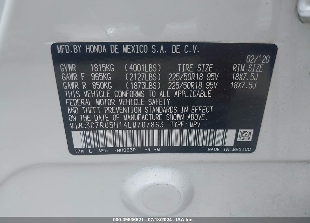 2020 HONDA HR-V 2WD SPORT VIN: 3CZRU5H14LM707863