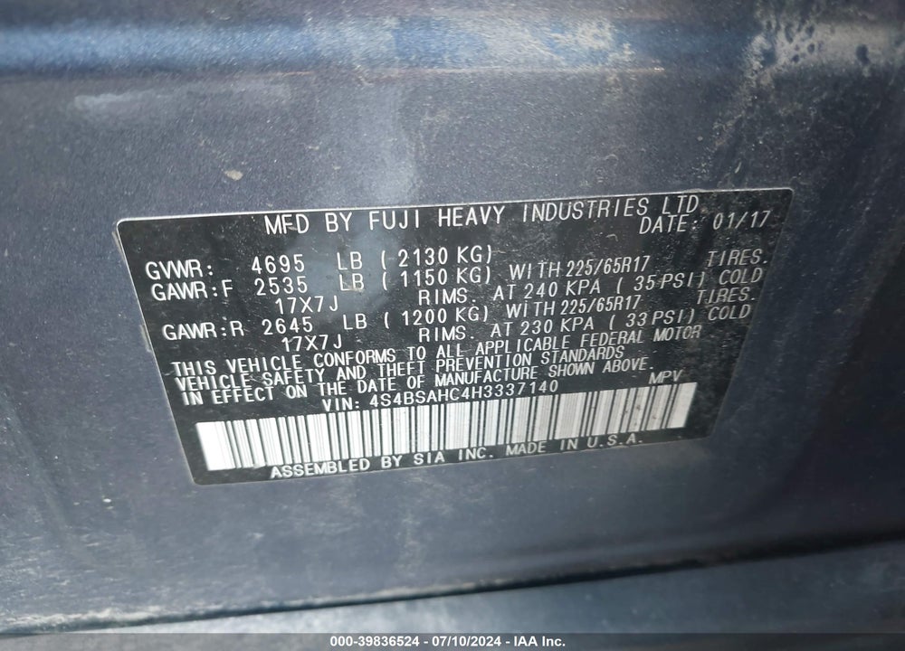 2017 SUBARU OUTBACK 2.5I PREMIUM VIN: 4S4BSAHC4H3337140