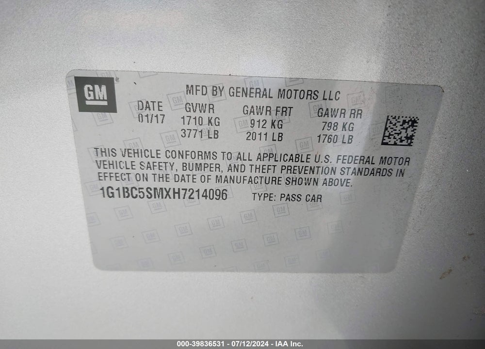 2017 CHEVROLET CRUZE LS AUTO VIN: 1G1BC5SMXH7214096