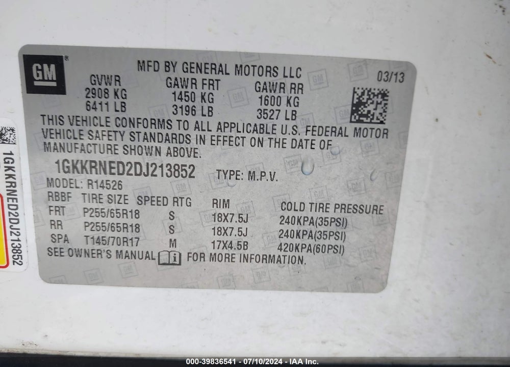 2013 GMC ACADIA SLE-1 VIN: 1GKKRNED2DJ213852