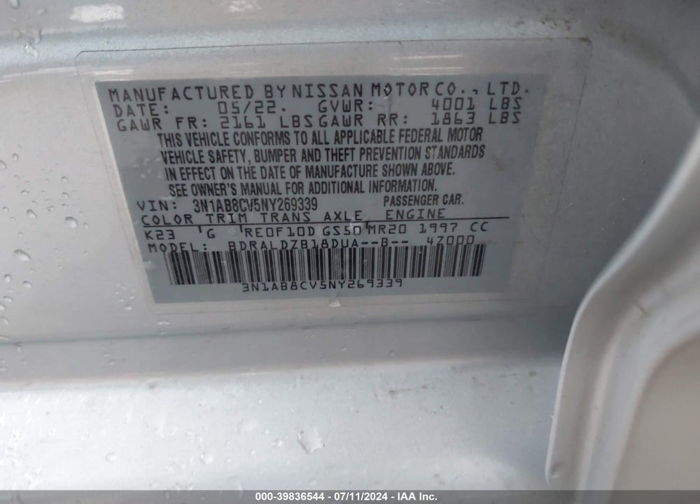 2022 NISSAN SENTRA SV XTRONIC CVT VIN: 3N1AB8CV5NY269339