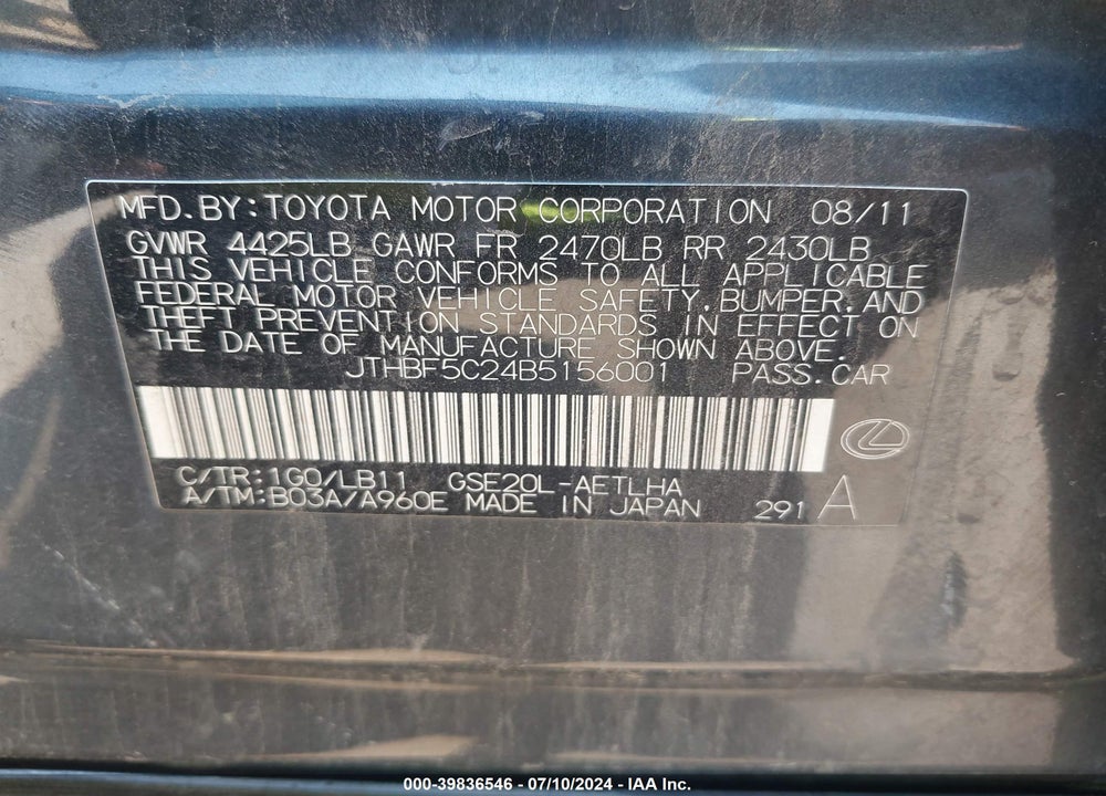 2011 LEXUS IS 250 VIN: JTHBF5C24B5156001