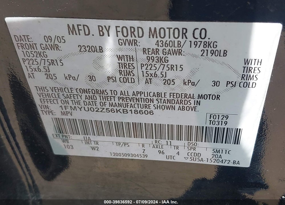 2006 FORD ESCAPE XLS/XLS MANUAL VIN: 1FMYU02Z56KB18606