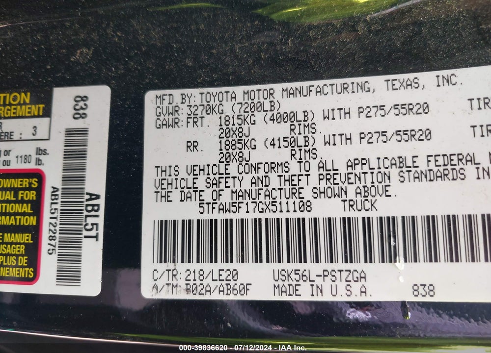 2016 TOYOTA TUNDRA PLATINUM 5.7L V8 VIN: 5TFAW5F17GX511108
