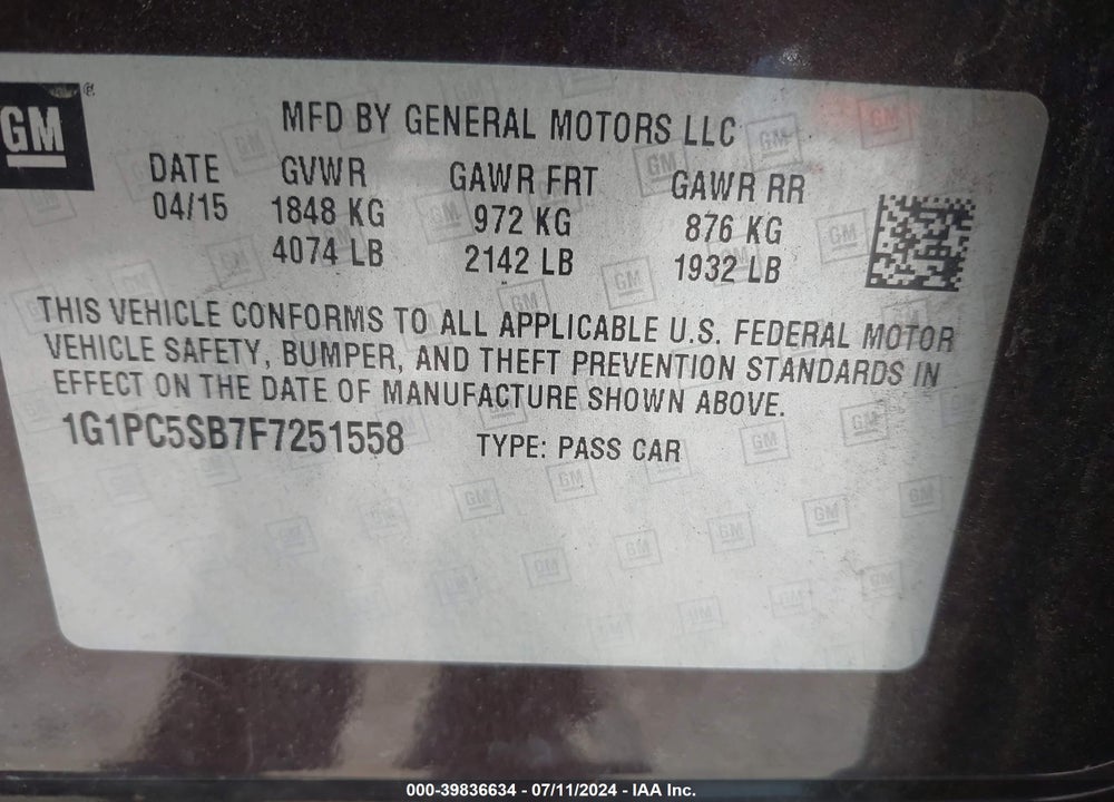 2015 CHEVROLET CRUZE 1LT AUTO VIN: 1G1PC5SB7F7251558