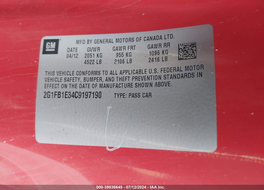 2012 CHEVROLET CAMARO 1LT VIN: 2G1FB1E34C9197190