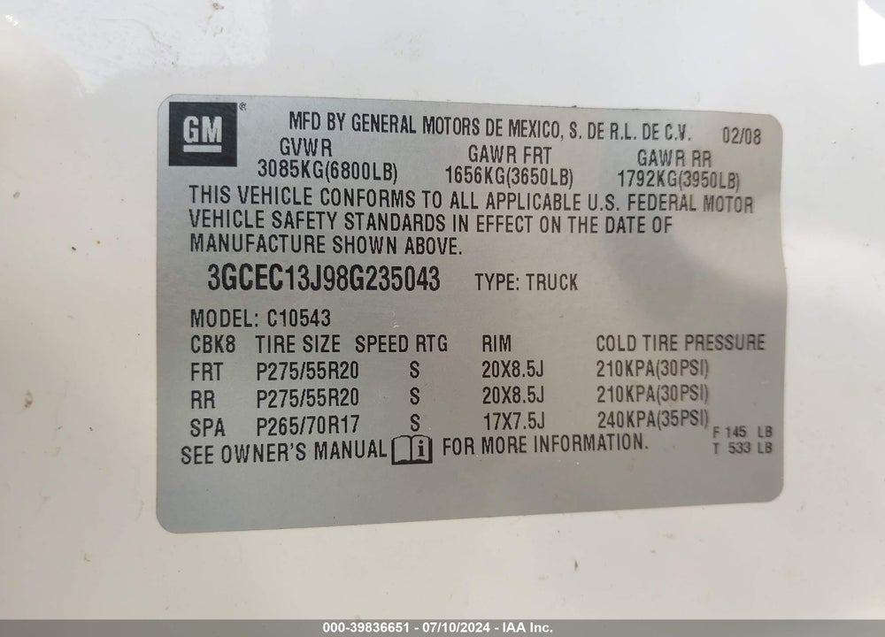 2008 CHEVROLET SILVERADO 1500 LT1 VIN: 3GCEC13J98G235043