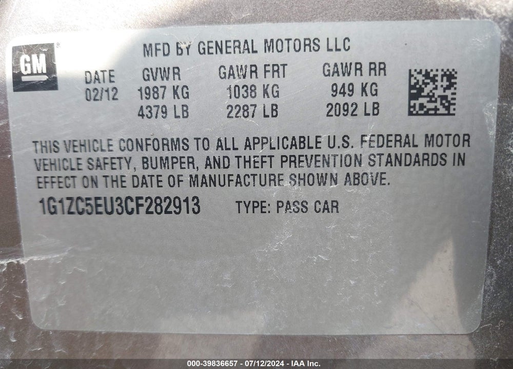 2012 CHEVROLET MALIBU VIN: 1G1ZC5EU3CF282913