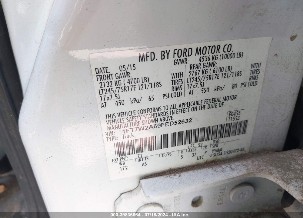 2015 FORD F250 SUPER DUTY VIN: 1FT7W2A69FED52632