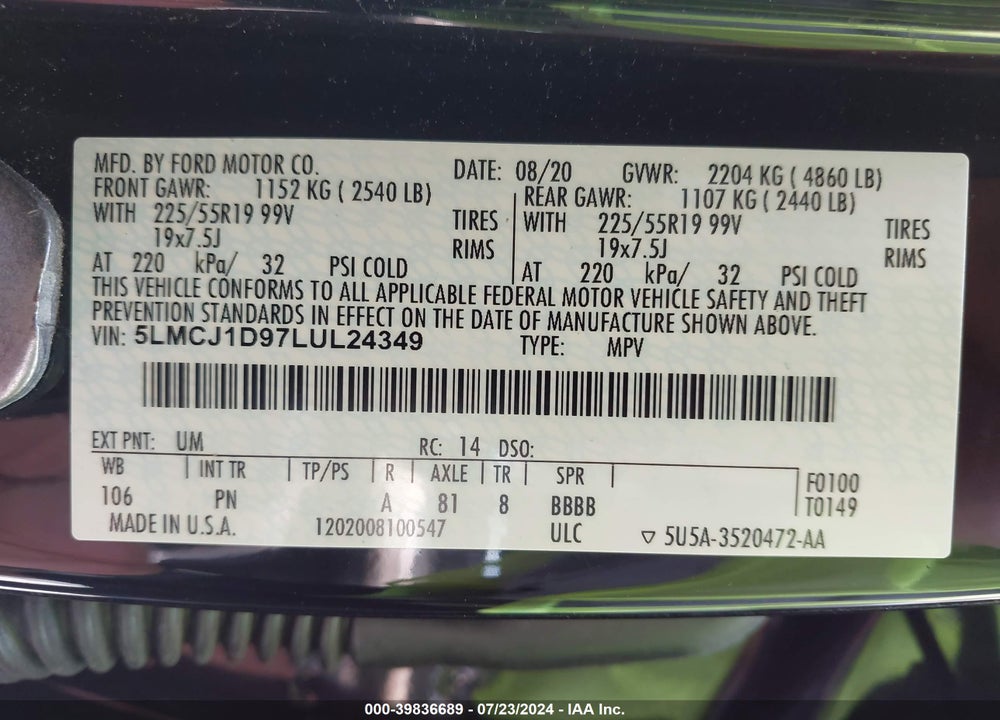 2020 LINCOLN CORSAIR STANDARD VIN: 5LMCJ1D97LUL24349